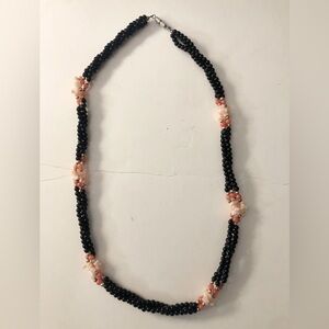 Vintage Braided Art Angel Skin Salmon Coral Black Onyx Glass Beads 24” Necklace